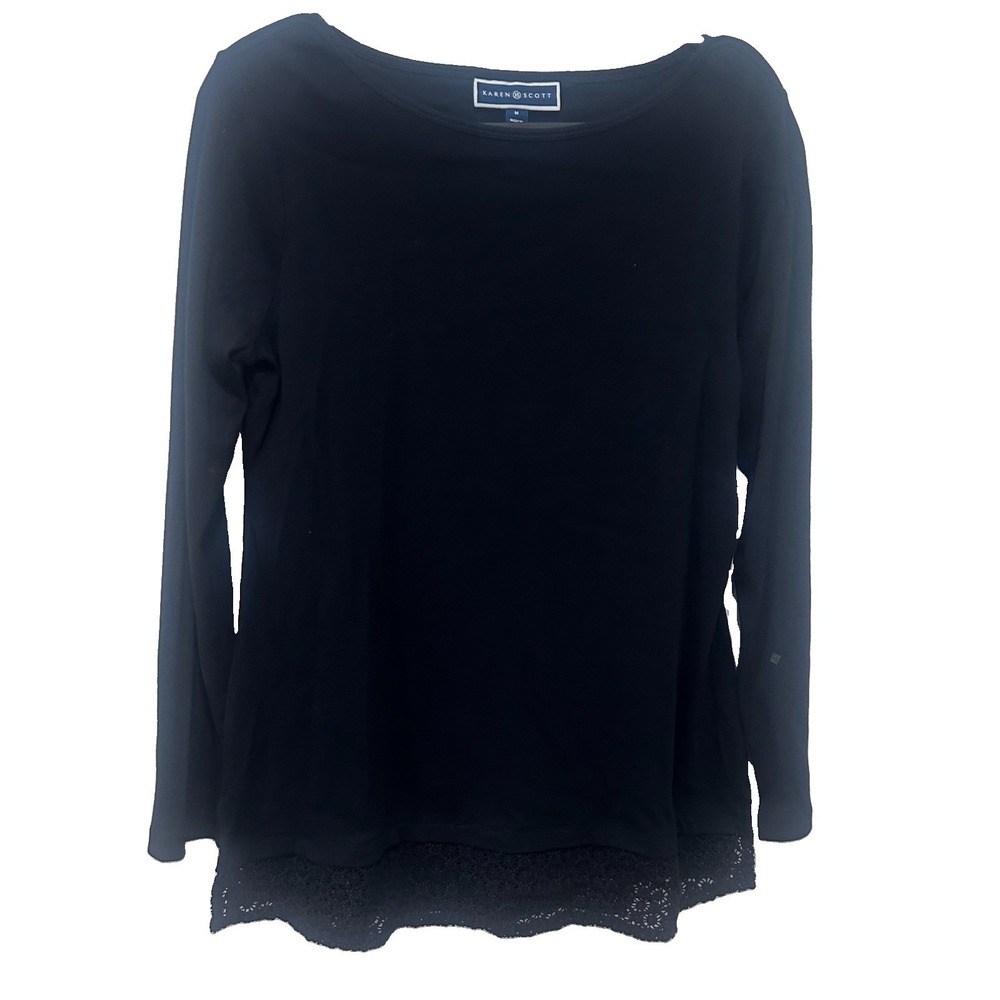Karen Scott Black Long Sleeve Cotton Sweater Intricate Detail At Hem Size M